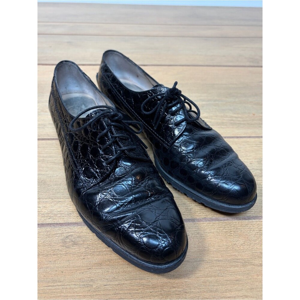 SALVATORE FERRAGAMO- Women’s Black Oxford Crocodile Embossed Leather Size 10B